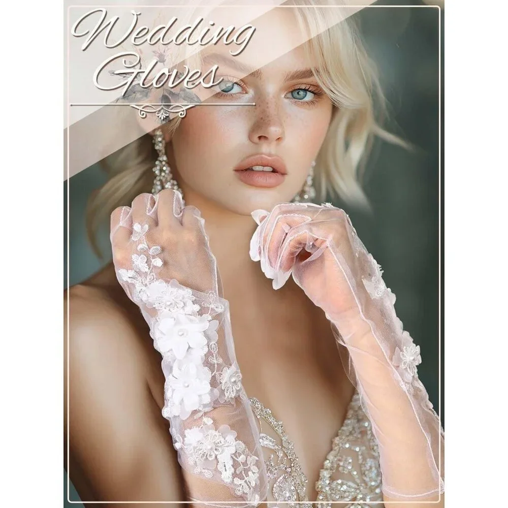 Women's White Floral Lace Halloween Flower Embroidery Gloves Tulle Party Prom